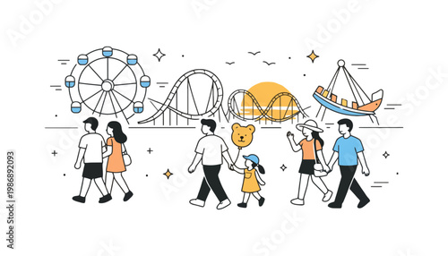 Amusement park vector illustration with people walking and rides in background