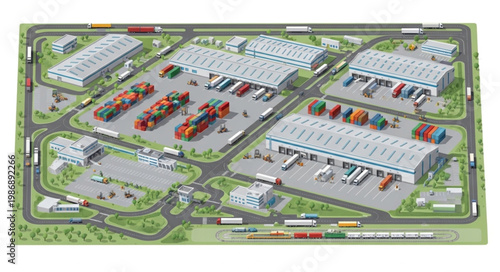 Detailed Model of a Distribution Center with Trucks and Warehouses.