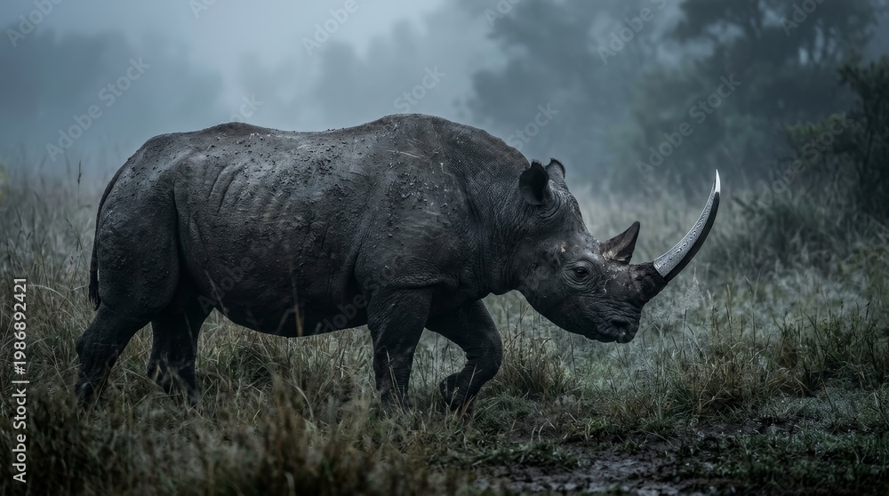Obraz premium Black rhinoceros with blade horn emerging from mist dramatic wildlife fantasy concept