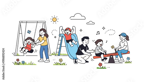 Playground vector illustration of happy family and children at play