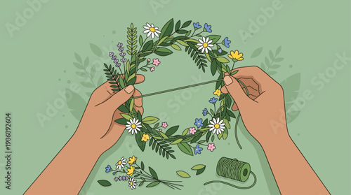 This charming flat design illustration features hands skillfully weaving a beautiful flower crown, a beloved tradition of midsummer festivals. 