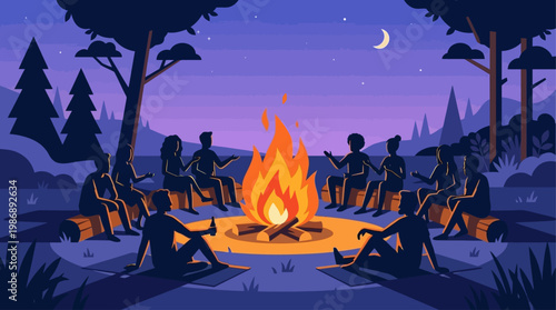 A warm and inviting flat design illustration depicting a diverse group of people gathered around a celebratory midsummer bonfire under a darkening sky. 
