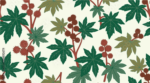 Seamless pattern of castor plant leaves and spiky seed pods in earthy tones, arranged on a light background in a decorative vector style.