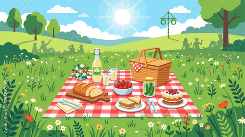 A cheerful flat design illustration capturing a delightful midsummer picnic spread out on a checkered blanket in a sunny meadow, surrounded by friends. 