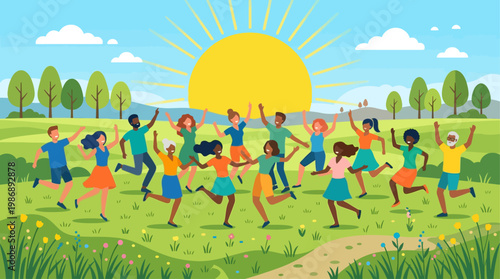 This energetic flat design illustration depicts a diverse group of people joyfully dancing in a vibrant midsummer meadow, celebrating the peak of summer. 