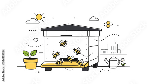 Bee vector illustration of a beehive with flying bees around it