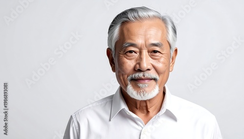 A serene older man with a silver beard and kind eyes poses in front of a plain background, radiating warmth