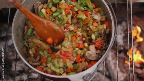 Process of cooking vegetable stew with tomatoes, carrots and herbs in a pot on a grill, juicy meal on open fire.