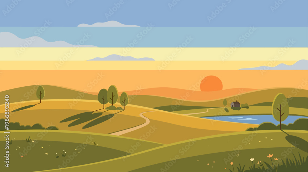 Naklejka premium This serene flat design illustration captures the unique extended daylight of the midsummer solstice, with a sun low on the horizon over a minimalist landscape.