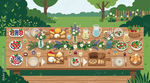 This delightful flat design illustration depicts a long, inviting table brimming with traditional foods and floral decorations for a festive midsummer feast.