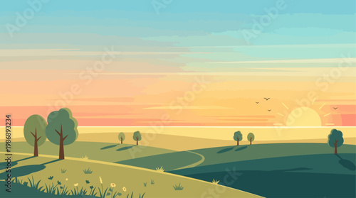 This serene flat design illustration captures the unique extended daylight of the midsummer solstice, with a sun low on the horizon over a minimalist landscape. 