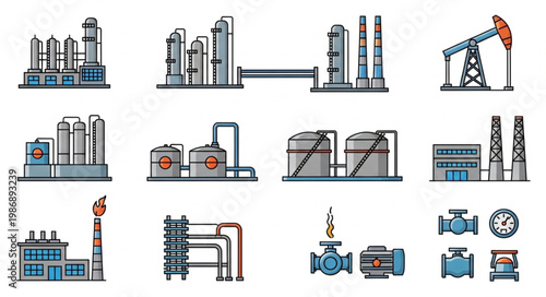 Oil and Gas Industry Icons - Refinery, Pumpjack, Storage Tanks, and Valves.