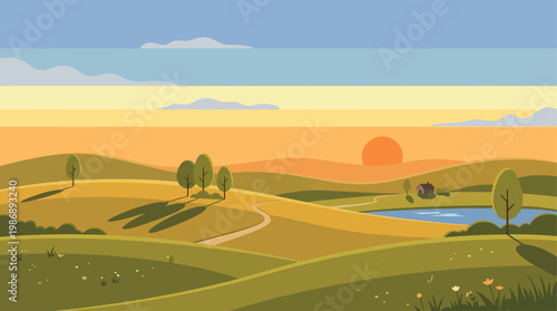 This serene flat design illustration captures the unique extended daylight of the midsummer solstice, with a sun low on the horizon over a minimalist landscape. 