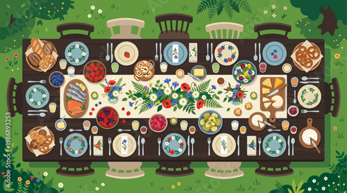 This delightful flat design illustration depicts a long, inviting table brimming with traditional foods and floral decorations for a festive midsummer feast.