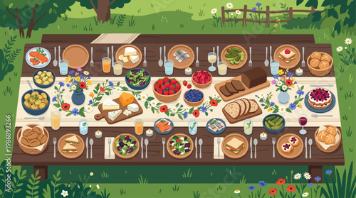 This delightful flat design illustration depicts a long, inviting table brimming with traditional foods and floral decorations for a festive midsummer feast.