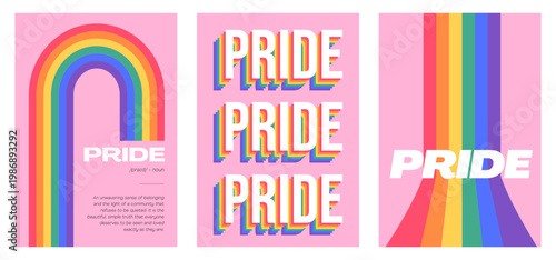 Retro Swiss Design Pride poster set with rainbow arch and typography. Minimalist LGBTQ wall art print, 70s queer modern geometric vertical banner for inclusive decor and social media story. Vector.