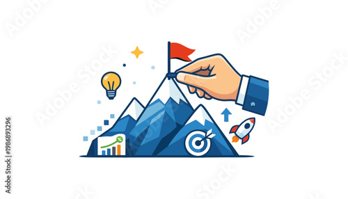A hand placing a flag on a mountain peak illustration for business success