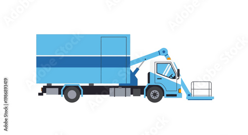 Side view illustration of a blue utility truck with a hydraulic lift bucket on white background