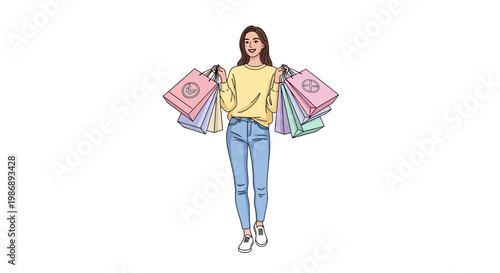 Smiling woman holding colorful shopping bags isolated on white background