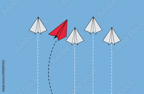 A red paper airplane leads a group of white ones in a vector illustration of innovation and individuality