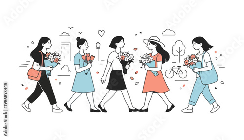 Women walking in a city with flowers and bouquets in hand