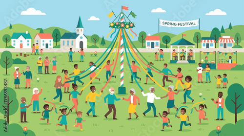 This vibrant flat design illustration portrays a diverse community joyfully gathered around a decorated maypole, symbolizing unity and celebration during the midsummer festival.