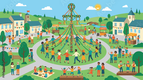 This vibrant flat design illustration portrays a diverse community joyfully gathered around a decorated maypole, symbolizing unity and celebration during the midsummer festival.