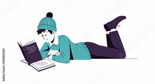 Young man lying on the floor reading a book flat vector illustration