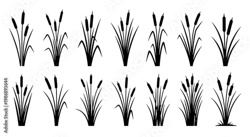 Grass tuft icons set with black stylized blades and small white highlights arranged in two tidy rows