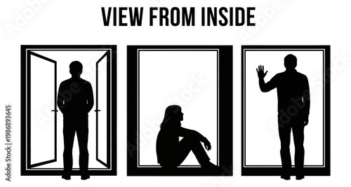 Silhouetted individuals viewed from indoors through different window perspectives