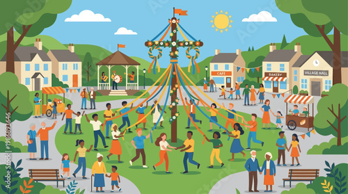 This vibrant flat design illustration portrays a diverse community joyfully gathered around a decorated maypole, symbolizing unity and celebration during the midsummer festival.
