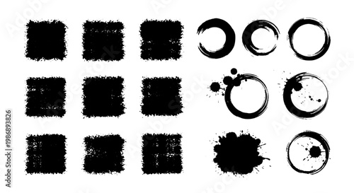 Weapons icons set with black tactical shapes, circular targeting elements, and compact square indicators on white background