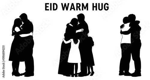 Silhouettes of diverse families embracing warmly during Eid celebrations