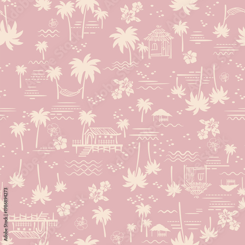 houses, trees, palm tree. Seamless pattern. Logo summer bungalow, villa. Perfect for cards, logo, posters, textile and wedding design, stickers.	
