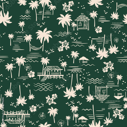 houses, trees, palm tree. Seamless pattern. Logo summer bungalow, villa. Perfect for cards, logo, posters, textile and wedding design, stickers.	
