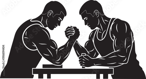 Dynamic Vector Illustration Depicting Two Muscular Men Engaged in an Intense Arm Wrestling Match, Symbolizing Strength, Competition, and Determination Between Rivals
