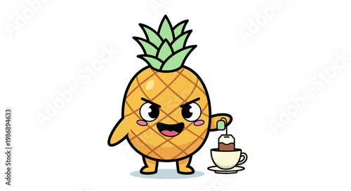 A cheerful pineapple character enjoys a cup of coffee in a playful scene.