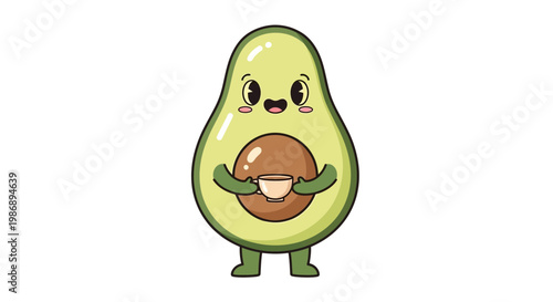 A cheerful avocado character holds a mushroom in a playful stance.