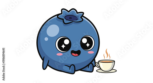 A cute blueberry character happily enjoys a cup of tea outside on a sunny day with a smile.
