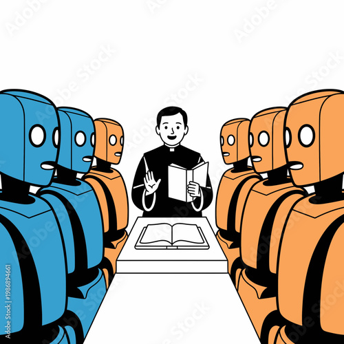 A priest conducting a sermon to a congregation of modern robots in a church setting featuring a minimalist vector illustration with contrasting blue and orange hues