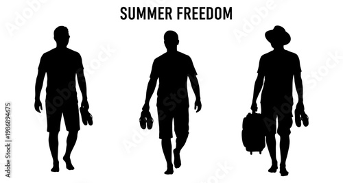 Silhouettes of men walking with summer accessories during vacation season