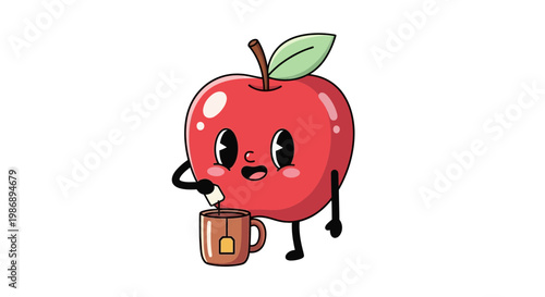 A cartoon apple character happily holds a coffee mug in a cute illustration.
