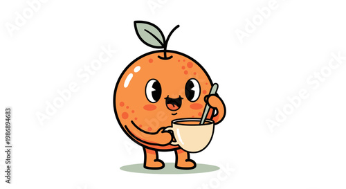 A cheerful orange character happily eating a bowl of food with a spoon.