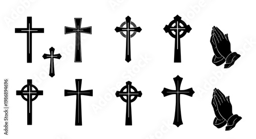 Crosses and hands icon set with black symbols on white background for religious faith and worship themes