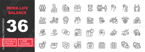 Work-Life Balance line icon set. Exclusive Work-Life Balance line icon collection. Containing team, ranking, workspace, gift, hourglass, distance, gesture, caution, agreement. Editable stroke.