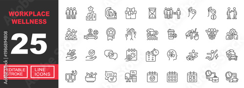 Workplace Wellness line icon set. Exclusive Workplace Wellness line icon collection. Containing team, ranking, gift, hourglass, applaud, vacation, coffee, yoga, mental, schedule. Editable stroke.