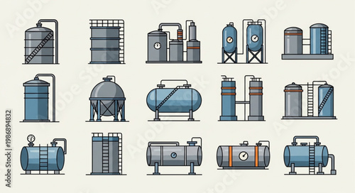 Collection of Industrial Storage Tanks and Vessels Illustrations.