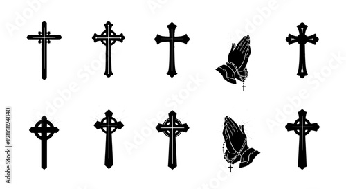 Cross symbol set with simple black hand-drawn style variations and small bird motifs around the crosses