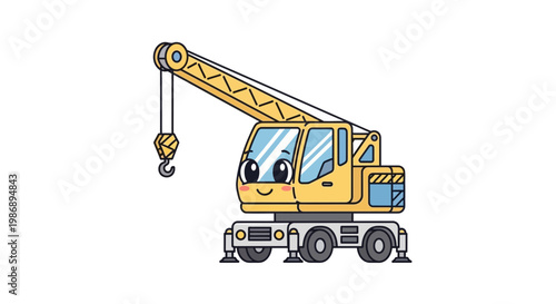A smiling yellow crane truck with a hook is lifting heavy objects outdoors.