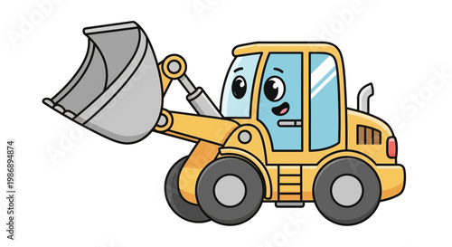 A cartoon excavator with a face is lifting its bucket outdoors